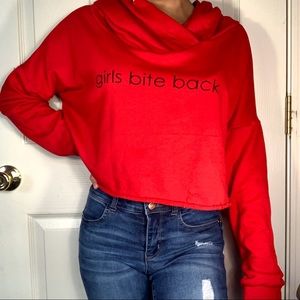 RUE 21 red cropped hoodie “girls bite back”